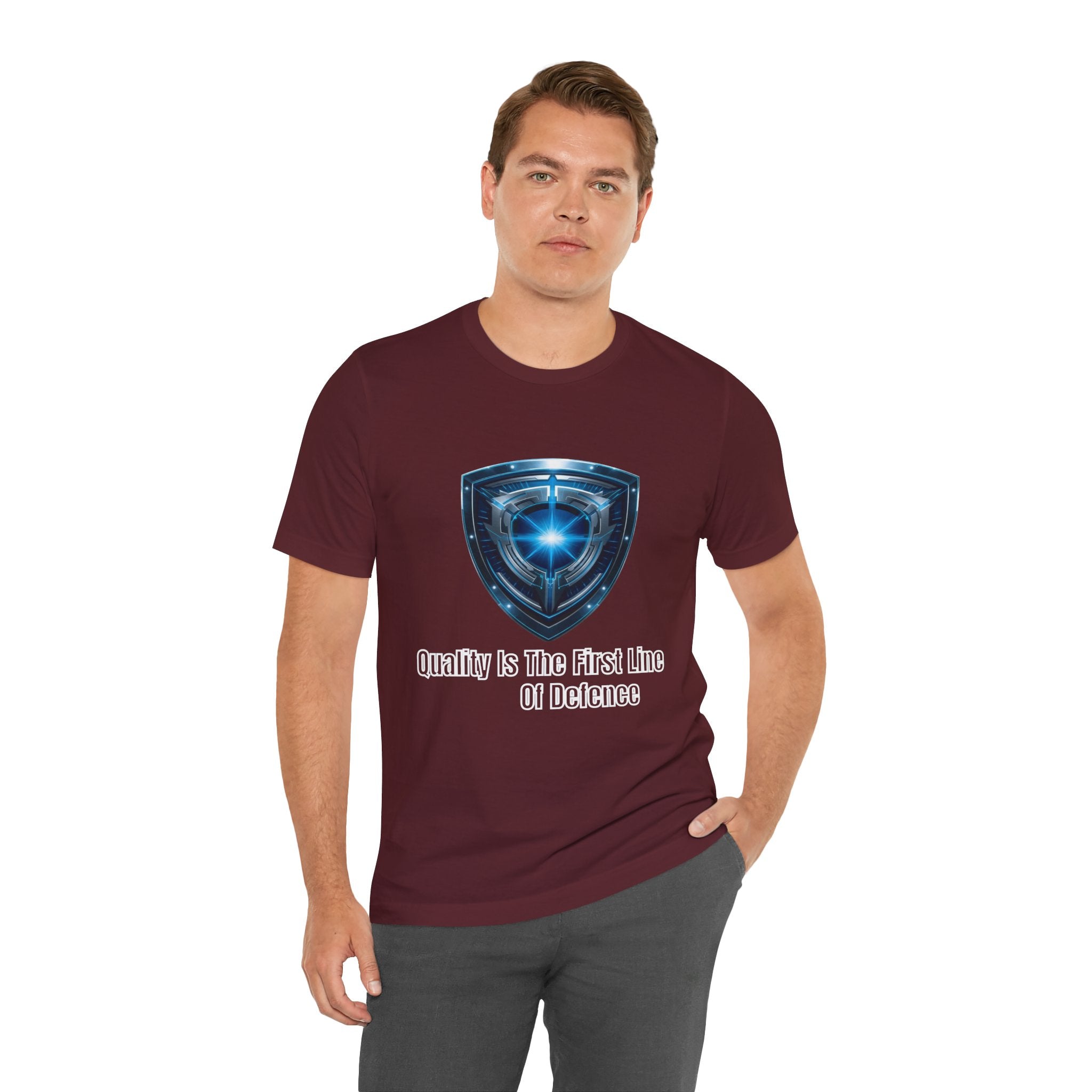 Shield Logo Tee — "Quality Is The First Line Of Defence" Security T‑Shirt