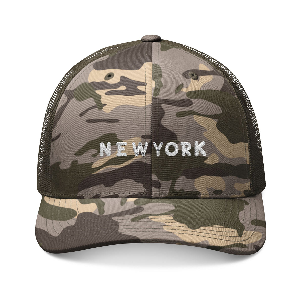 Camouflage Trucker Hat with New York Embroidery, Outdoor Cap for Hiking, Stylish Dad Hat, Adjustable Mesh Snapback, Gift for Him