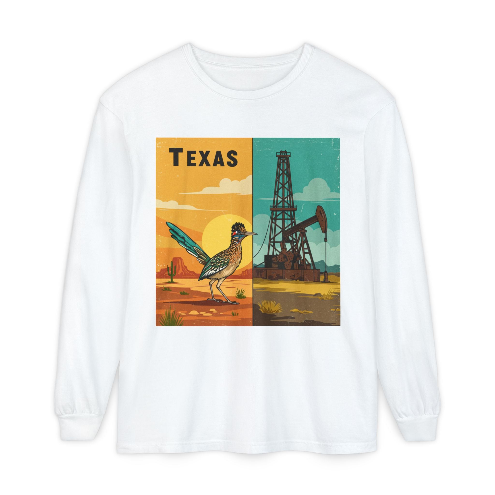 Texas Vintage Long Sleeve T-Shirt - Unisex Retro Bird & Oil Well Design