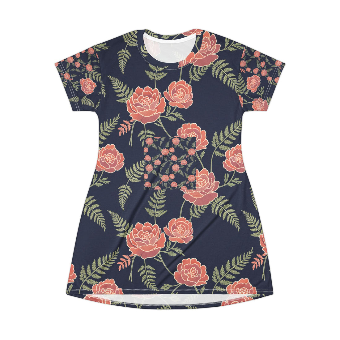 Floral Navy A-Line T-Shirt Dress – Coral Roses & Ferns All-Over Print