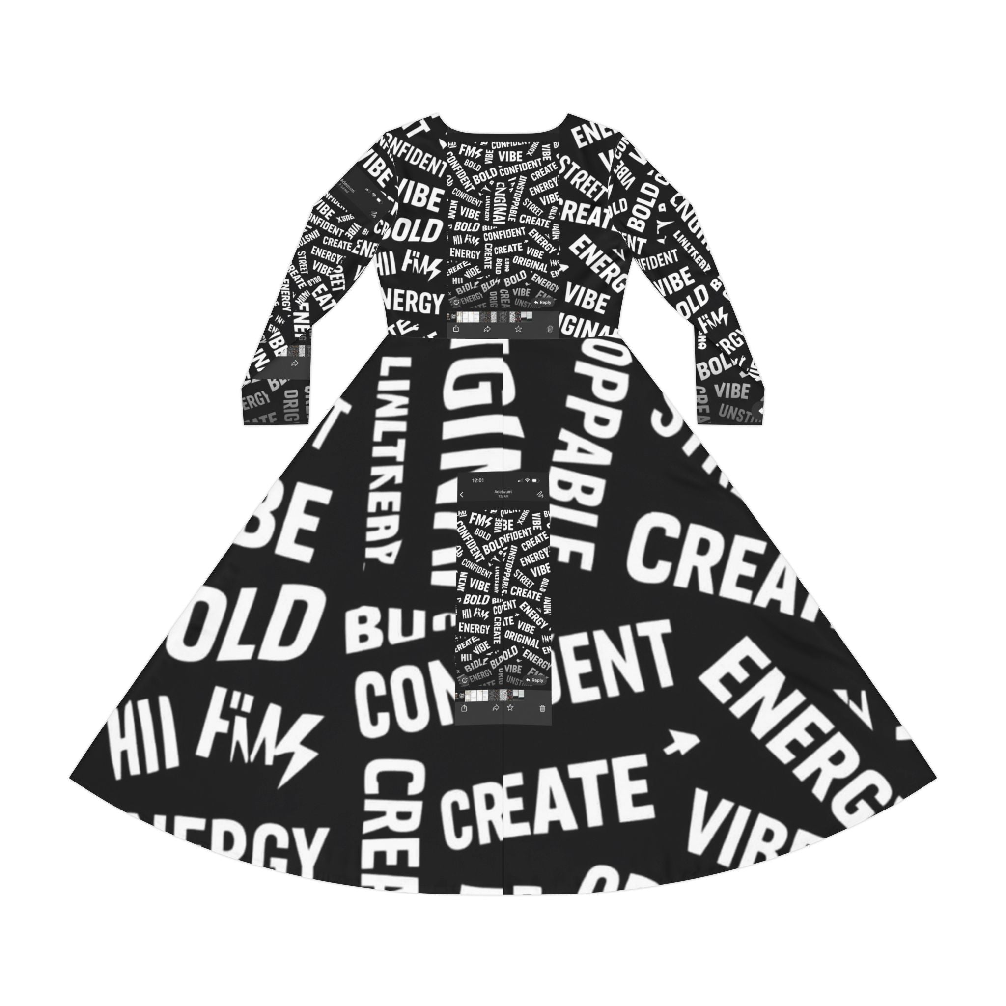 Positive Word Print Long Sleeve Dance Dress — "Create, Energy, Vibe" AOP