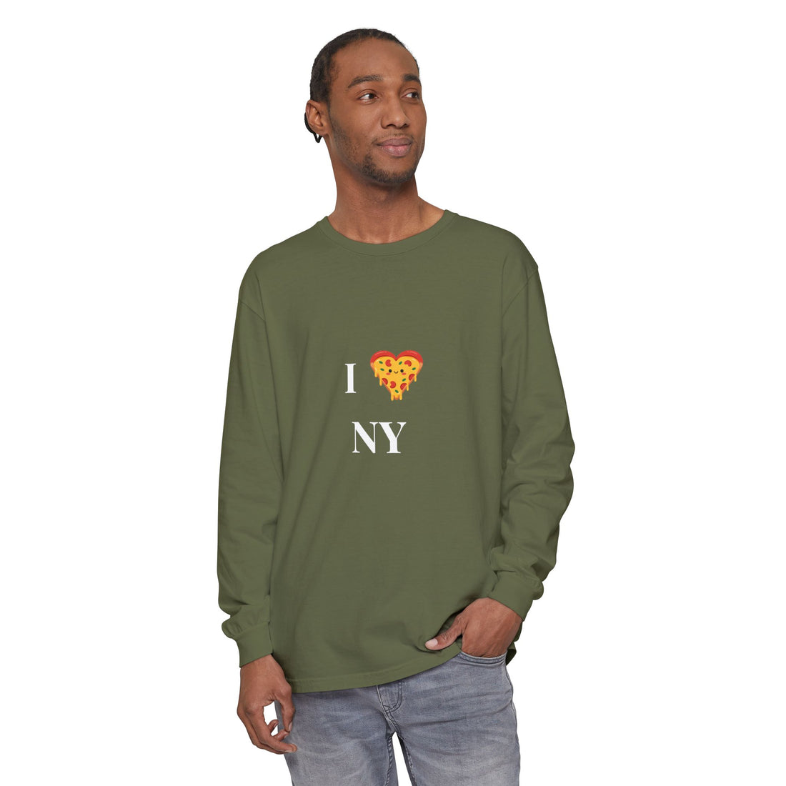 I NY Pizza Long Sleeve T-Shirt — Olive NYC Pizza Lover Tee