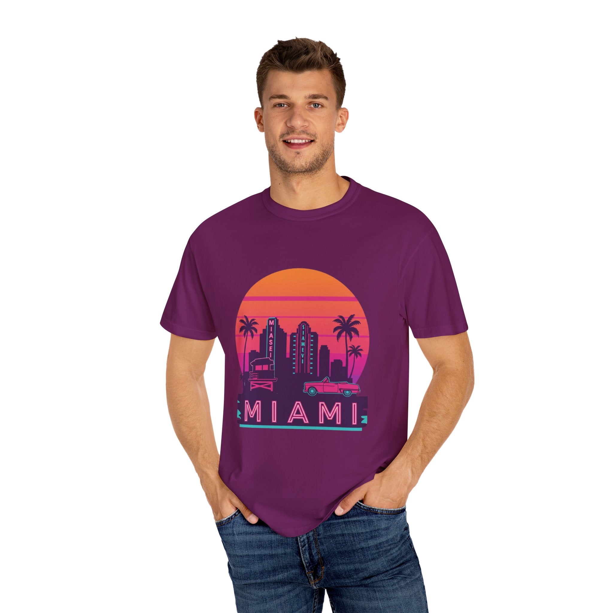 Miami Sunset Unisex T-shirt, Beachwear, Vacation Shirt, Summer Outfit, Travel Gift, Casual Streetwear