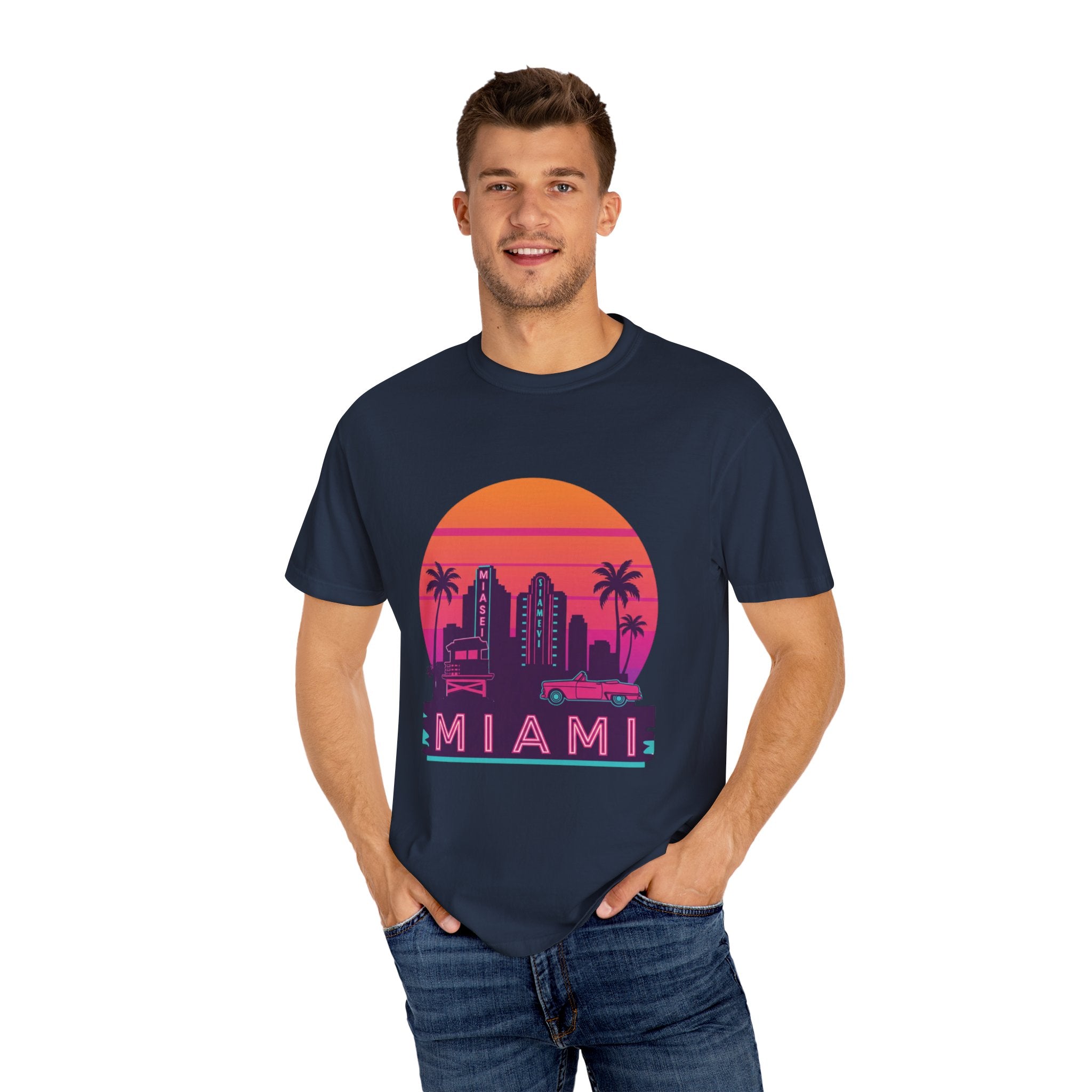 Miami Sunset Unisex T-shirt, Beachwear, Vacation Shirt, Summer Outfit, Travel Gift, Casual Streetwear