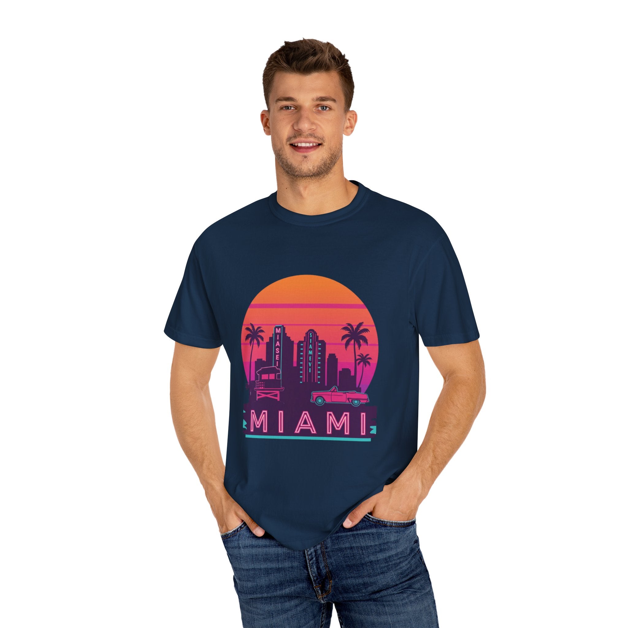 Miami Sunset Unisex T-shirt, Beachwear, Vacation Shirt, Summer Outfit, Travel Gift, Casual Streetwear