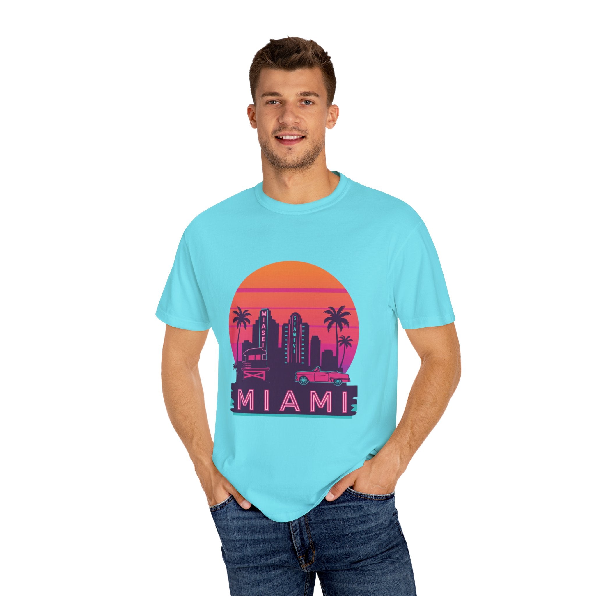 Miami Sunset Unisex T-shirt, Beachwear, Vacation Shirt, Summer Outfit, Travel Gift, Casual Streetwear