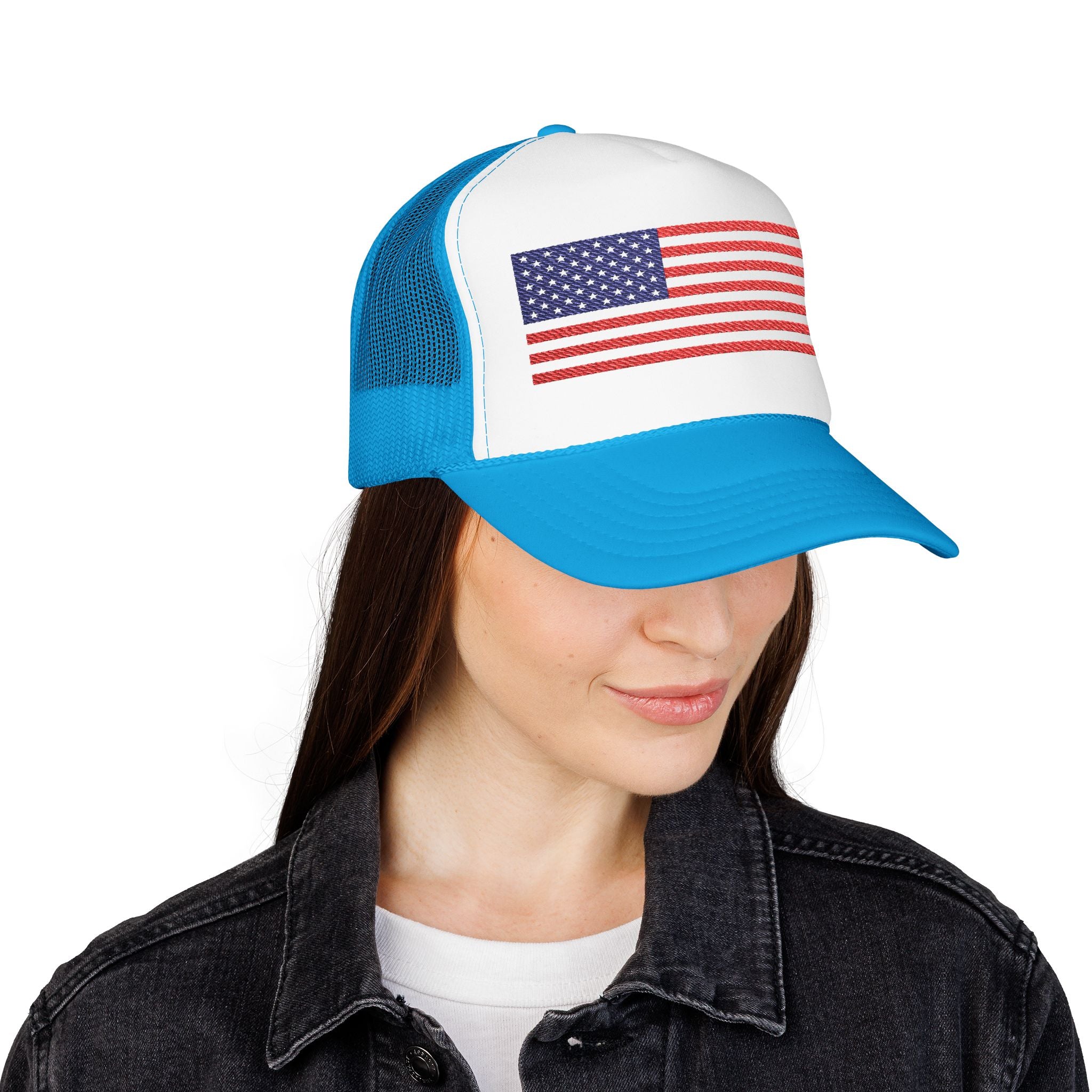 Patriotic Foam Trucker Hat, USA Flag Baseball Cap, Embroidered Red Hat.