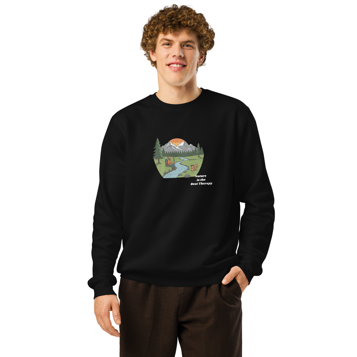Scenic Mountain River Crewneck — Sunrise Wilderness Sweatshirt