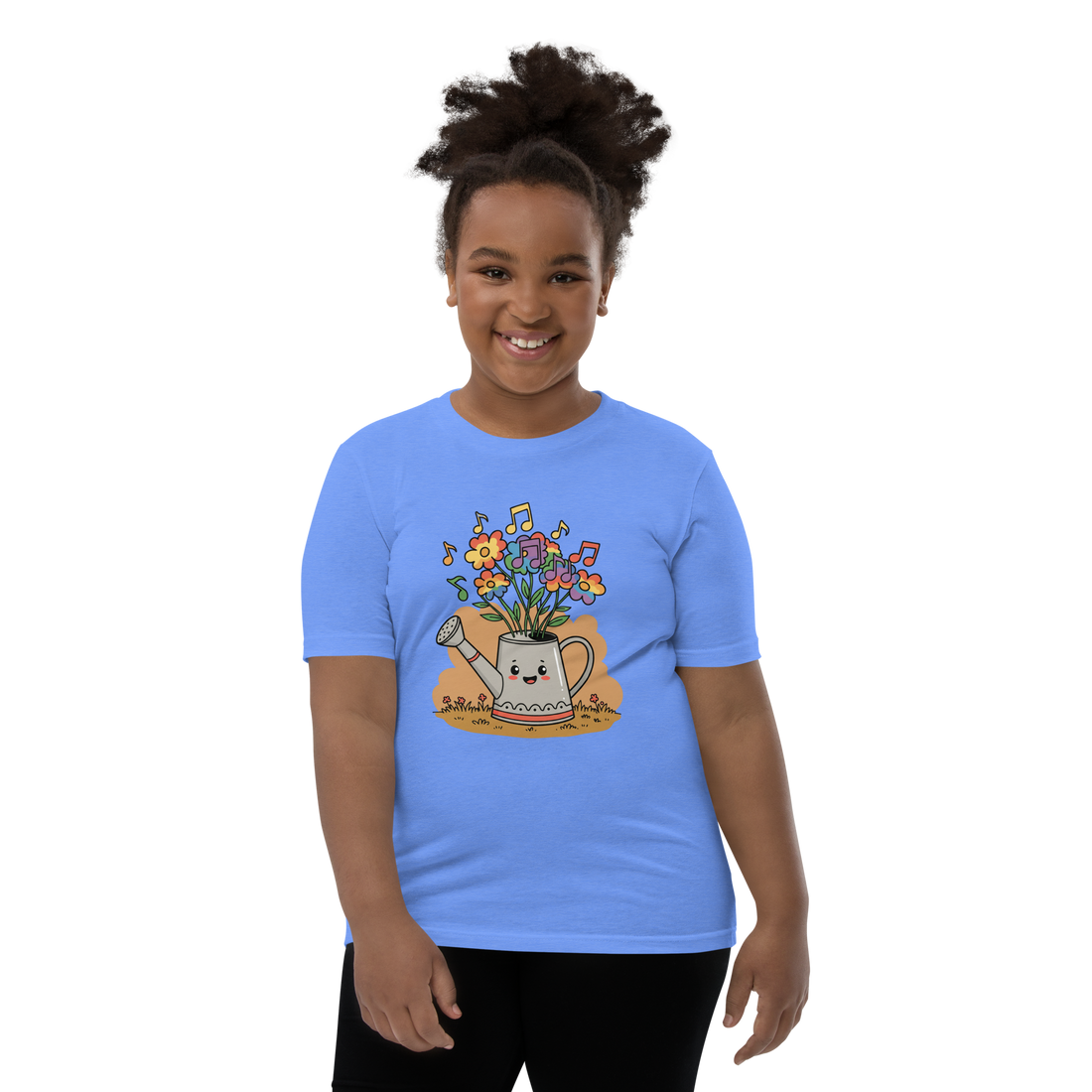 Cute Watering Can Kids T-Shirt — Floral & Musical Notes Youth Tee