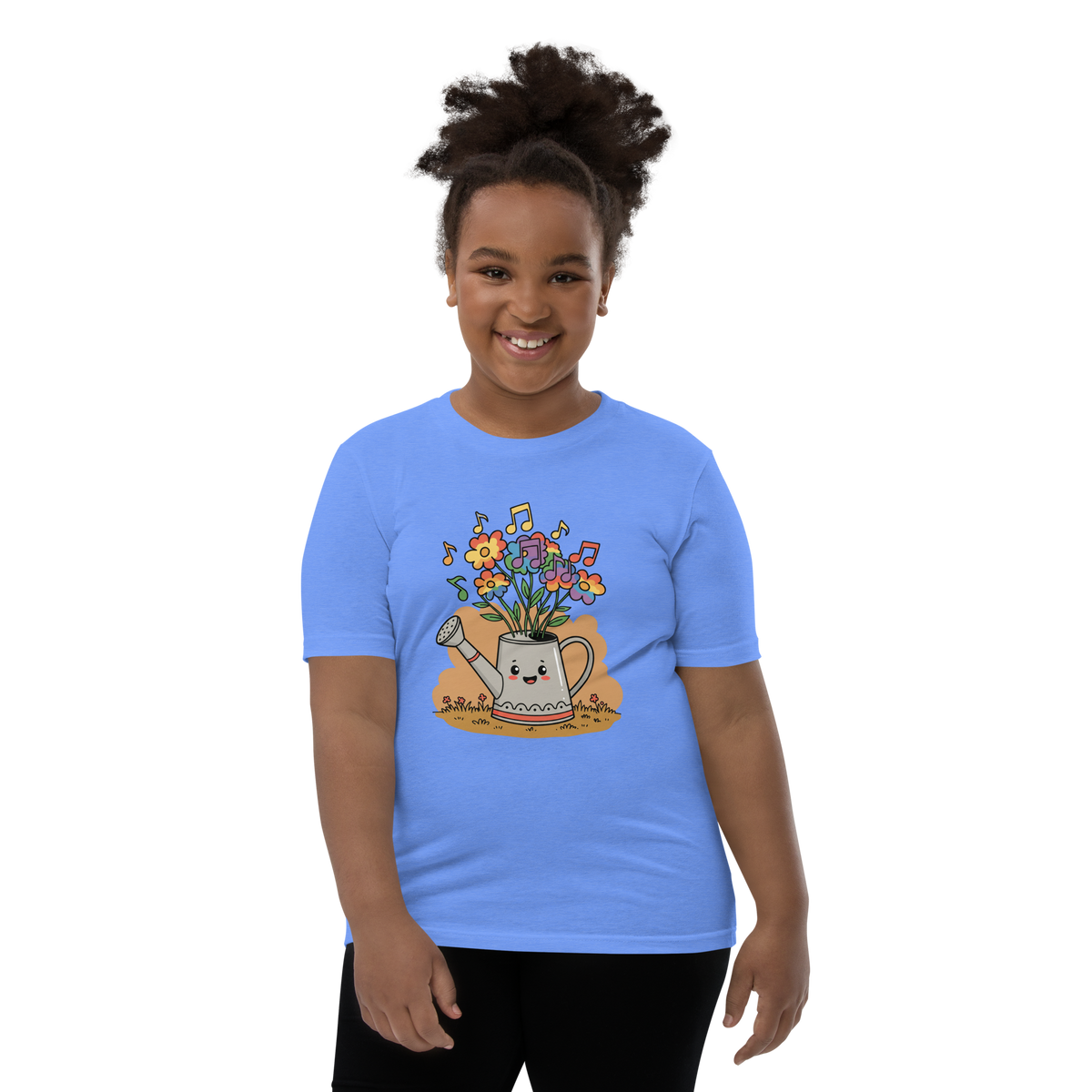 Cute Watering Can Kids T-Shirt — Floral & Musical Notes Youth Tee