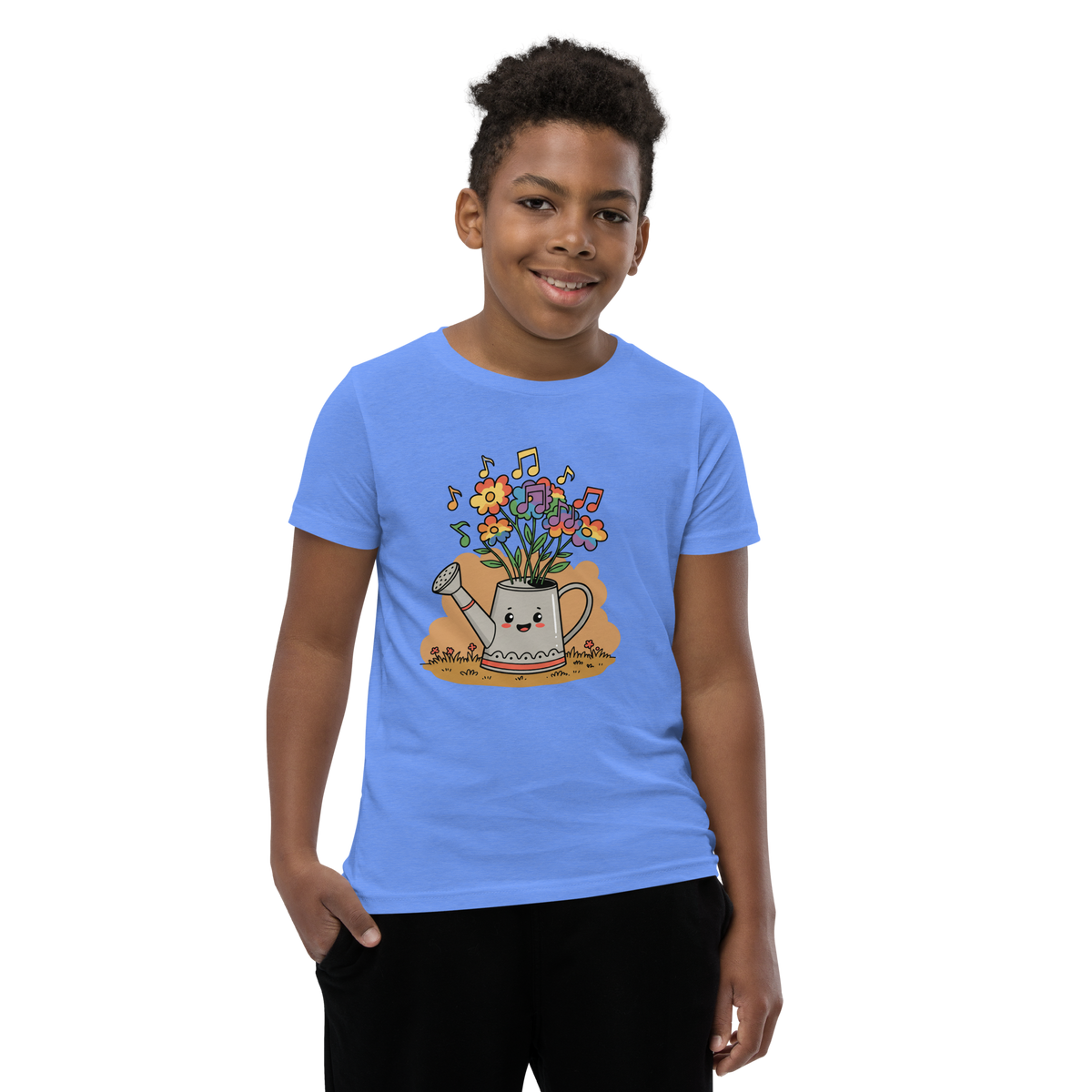 Cute Watering Can Kids T-Shirt — Floral & Musical Notes Youth Tee