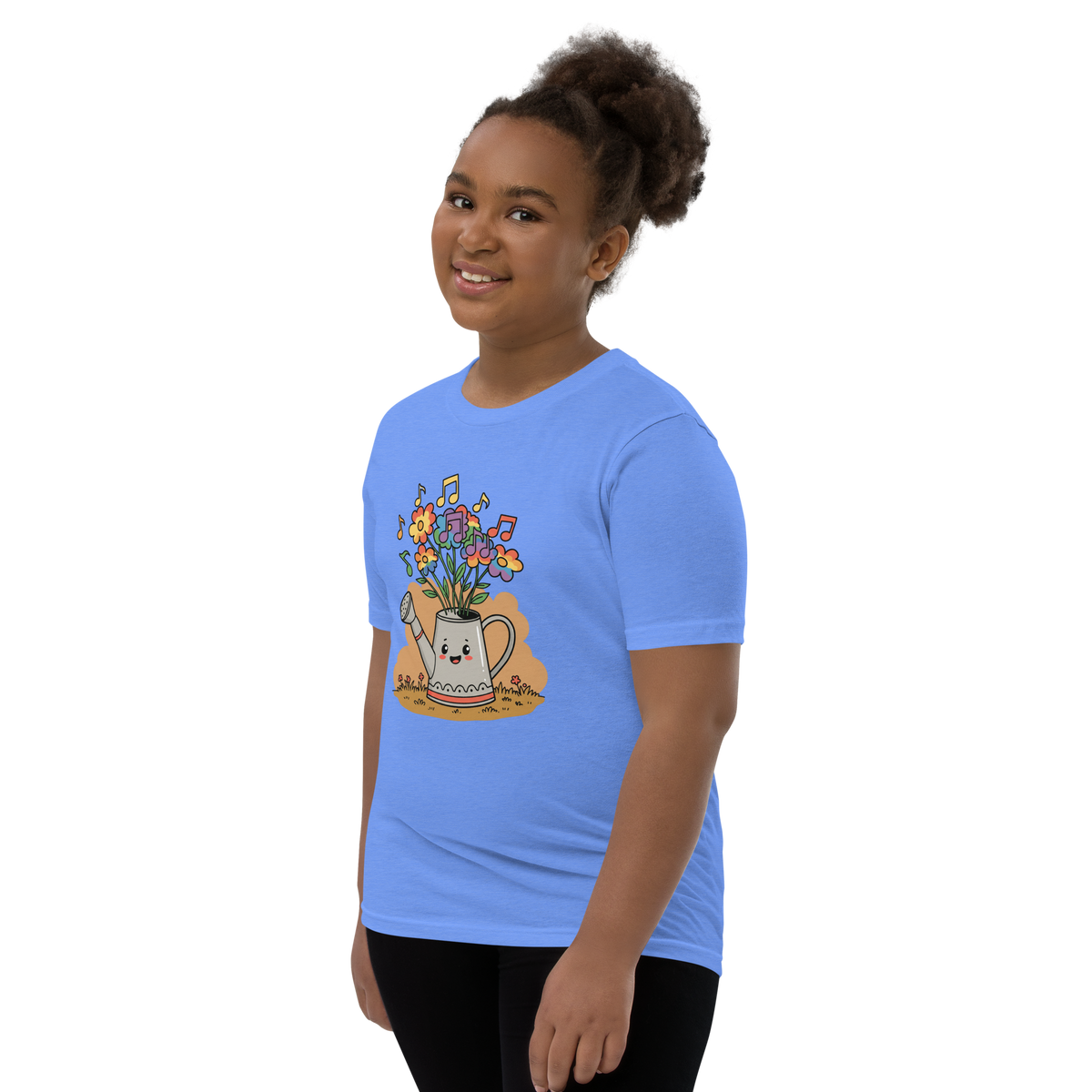 Cute Watering Can Kids T-Shirt — Floral & Musical Notes Youth Tee
