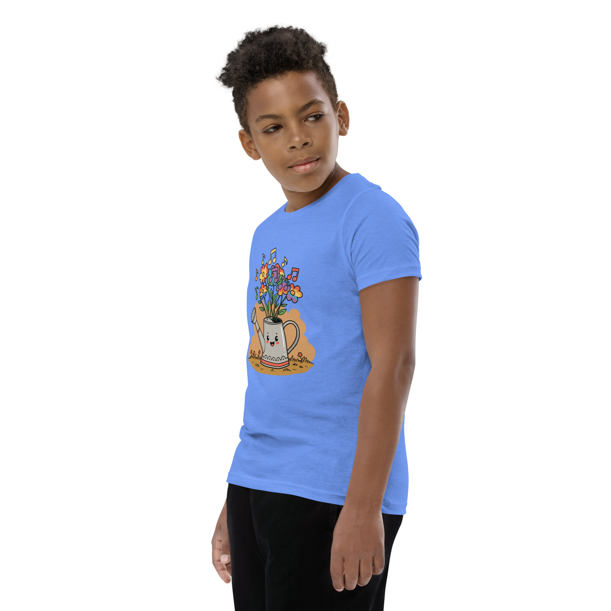 Cheerful Watering Can Kids T-Shirt with Floral Design