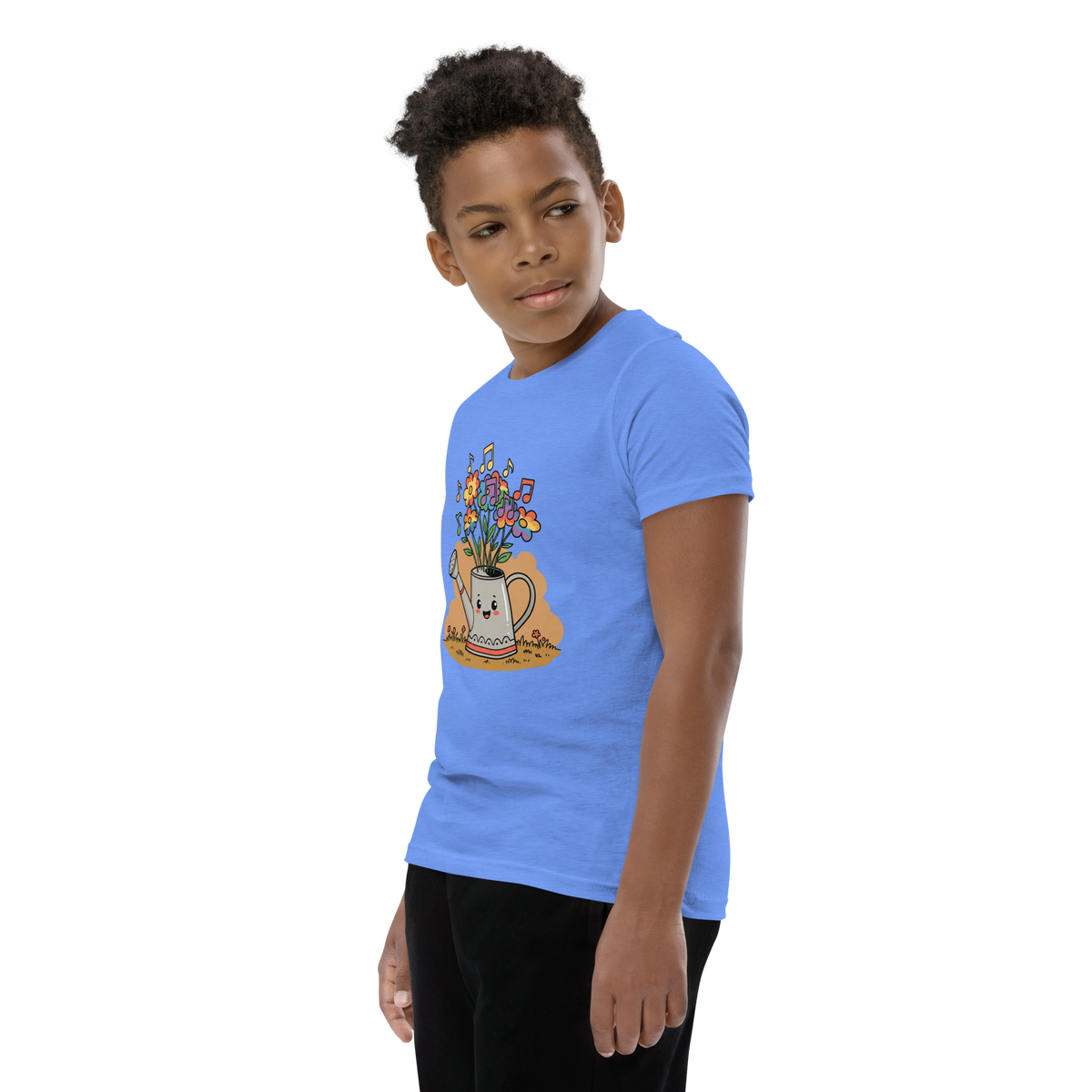 Cute Watering Can Kids T-Shirt — Floral & Musical Notes Youth Tee