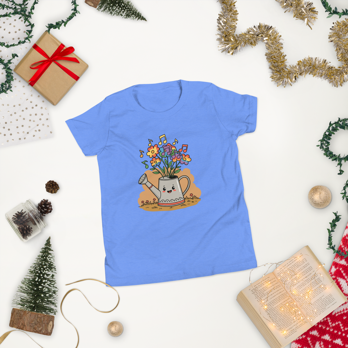 Cute Watering Can Kids T-Shirt — Floral & Musical Notes Youth Tee