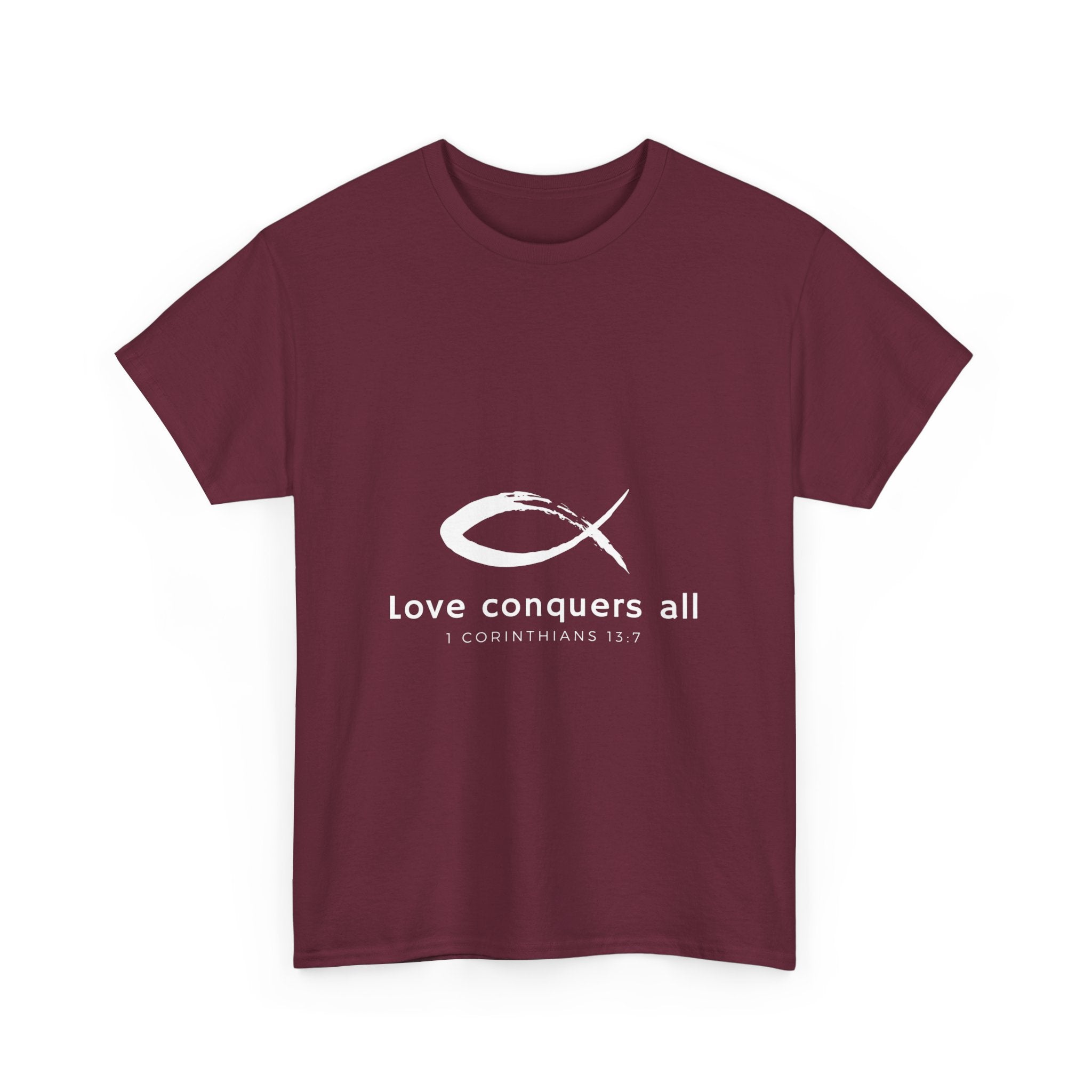 Love Conquers All Unisex Heavy Cotton Tee - Inspirational Christian Quote T-Shirt