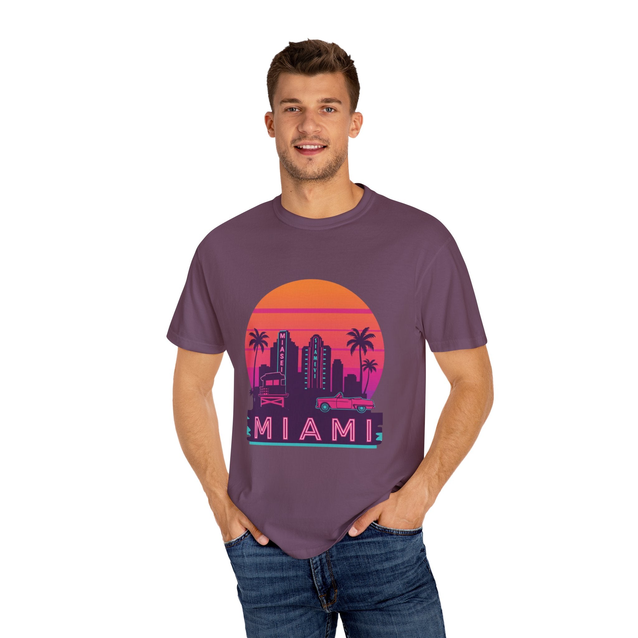 Miami Sunset Unisex T-shirt, Beachwear, Vacation Shirt, Summer Outfit, Travel Gift, Casual Streetwear