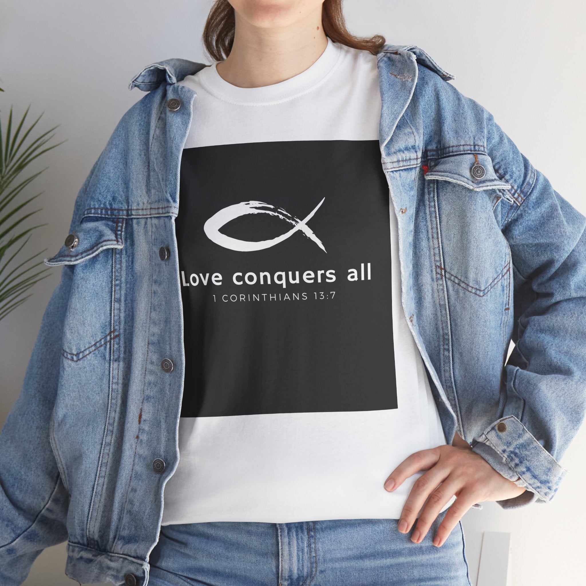 Love Conquers All Unisex Heavy Cotton Tee - Inspirational Christian Quote T-Shirt
