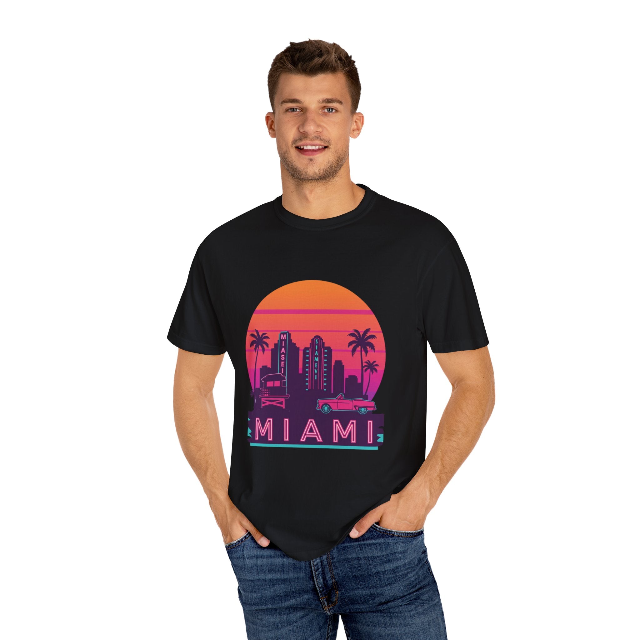 Miami Sunset Unisex T-shirt, Beachwear, Vacation Shirt, Summer Outfit, Travel Gift, Casual Streetwear