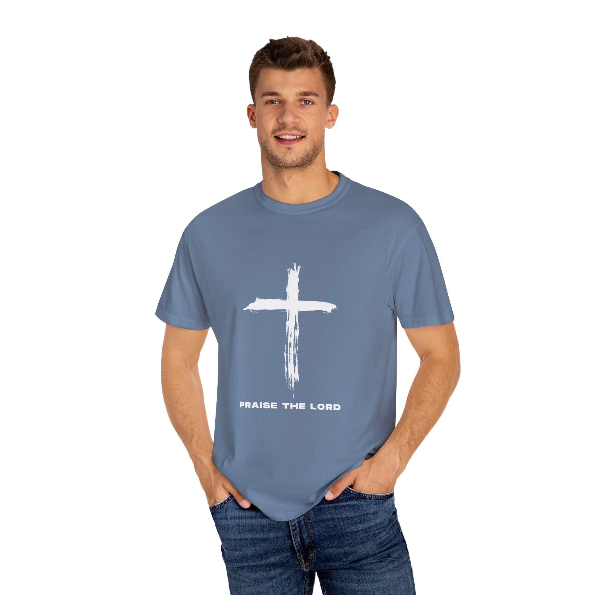 Unisex Garment-Dyed T-shirt with Inspirational Cross Design - Praise The Lord