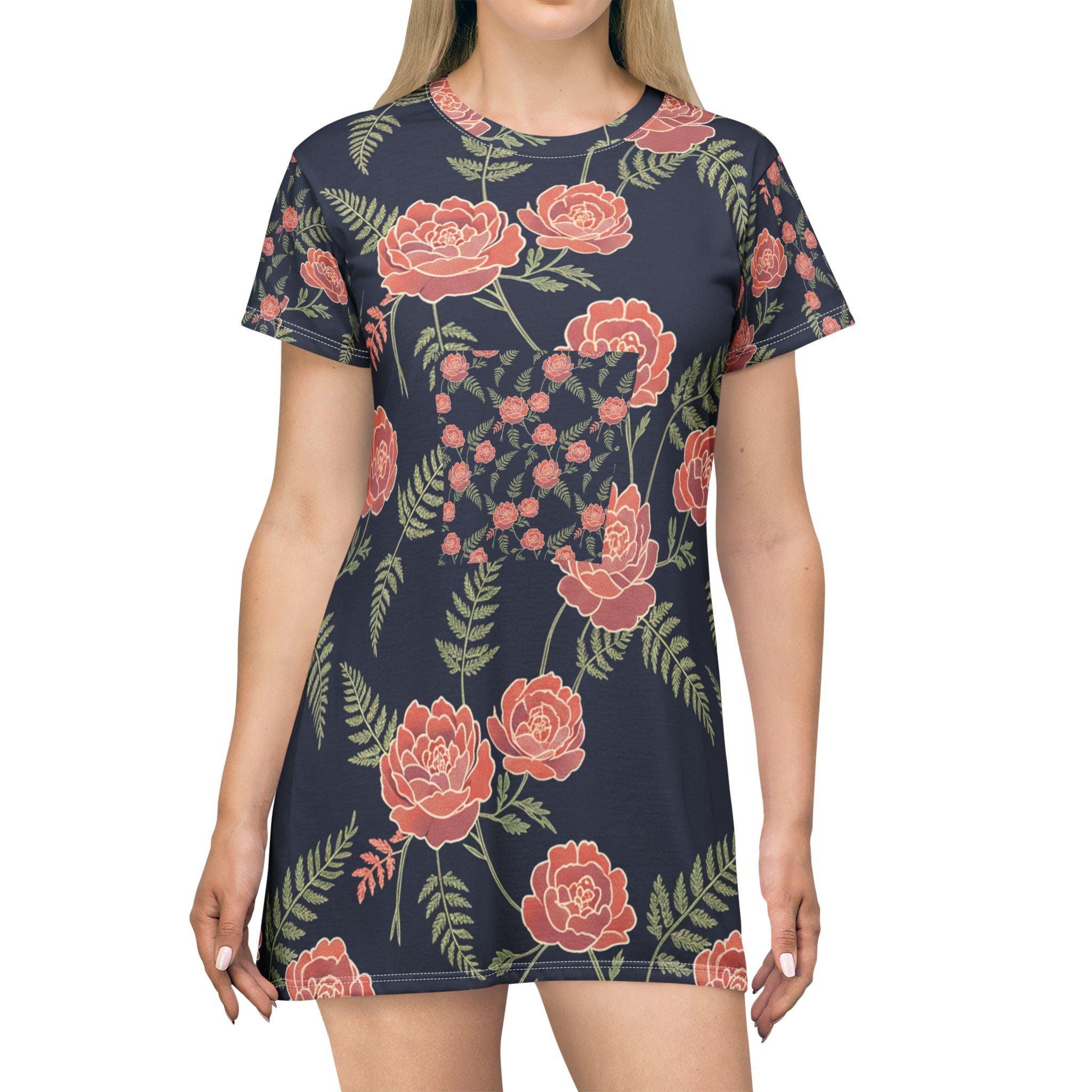 Floral Navy A-Line T-Shirt Dress – Coral Roses & Ferns All-Over Print