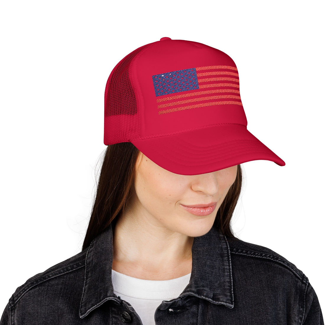 Patriotic Foam Trucker Hat, USA Flag Baseball Cap, Embroidered Red Hat.