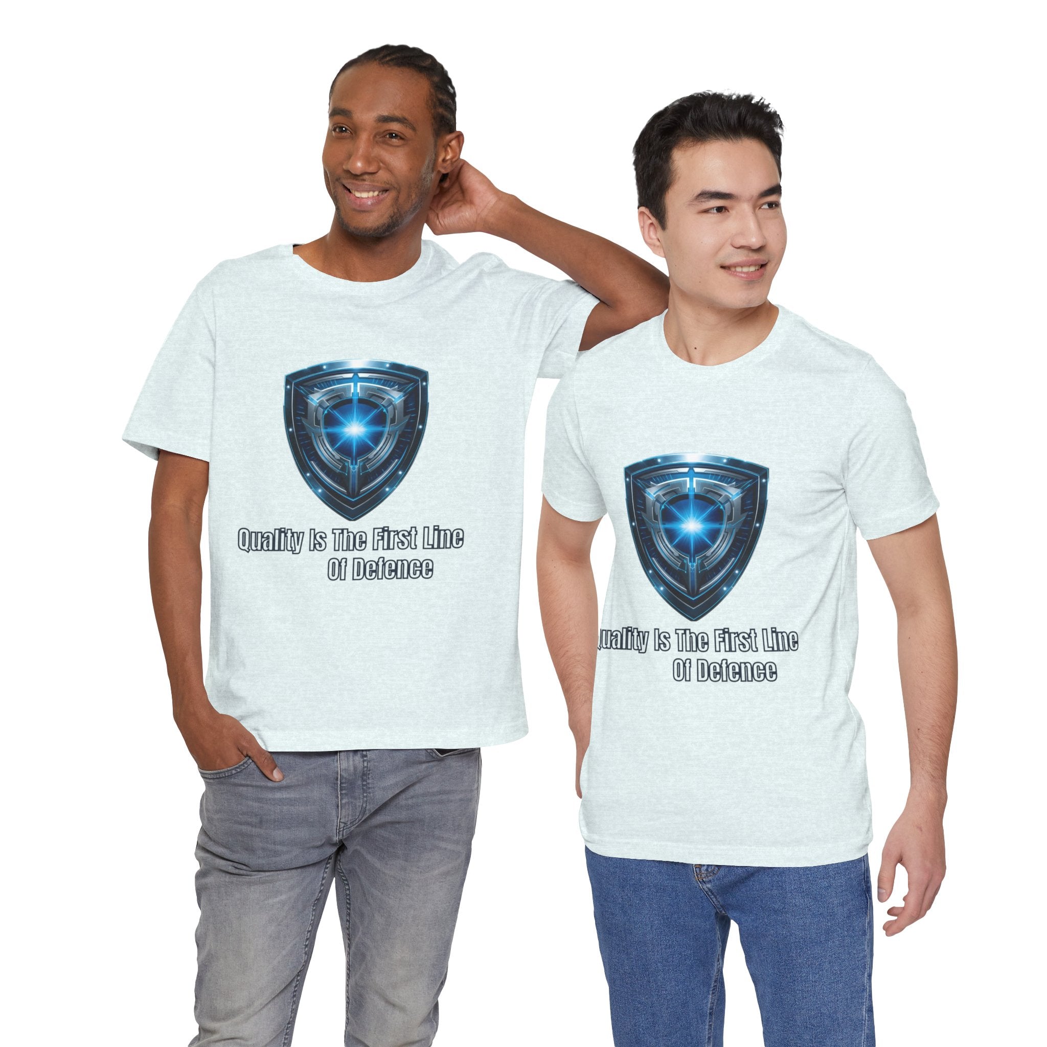 Shield Graphic Tee — "Quality Is The First Line of Defence" Protection T-Shirt