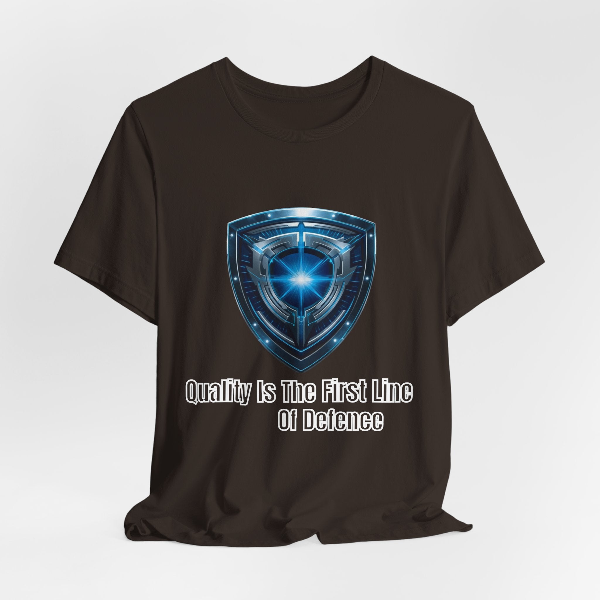 Shield Logo Tee — "Quality Is The First Line Of Defence" Security T‑Shirt