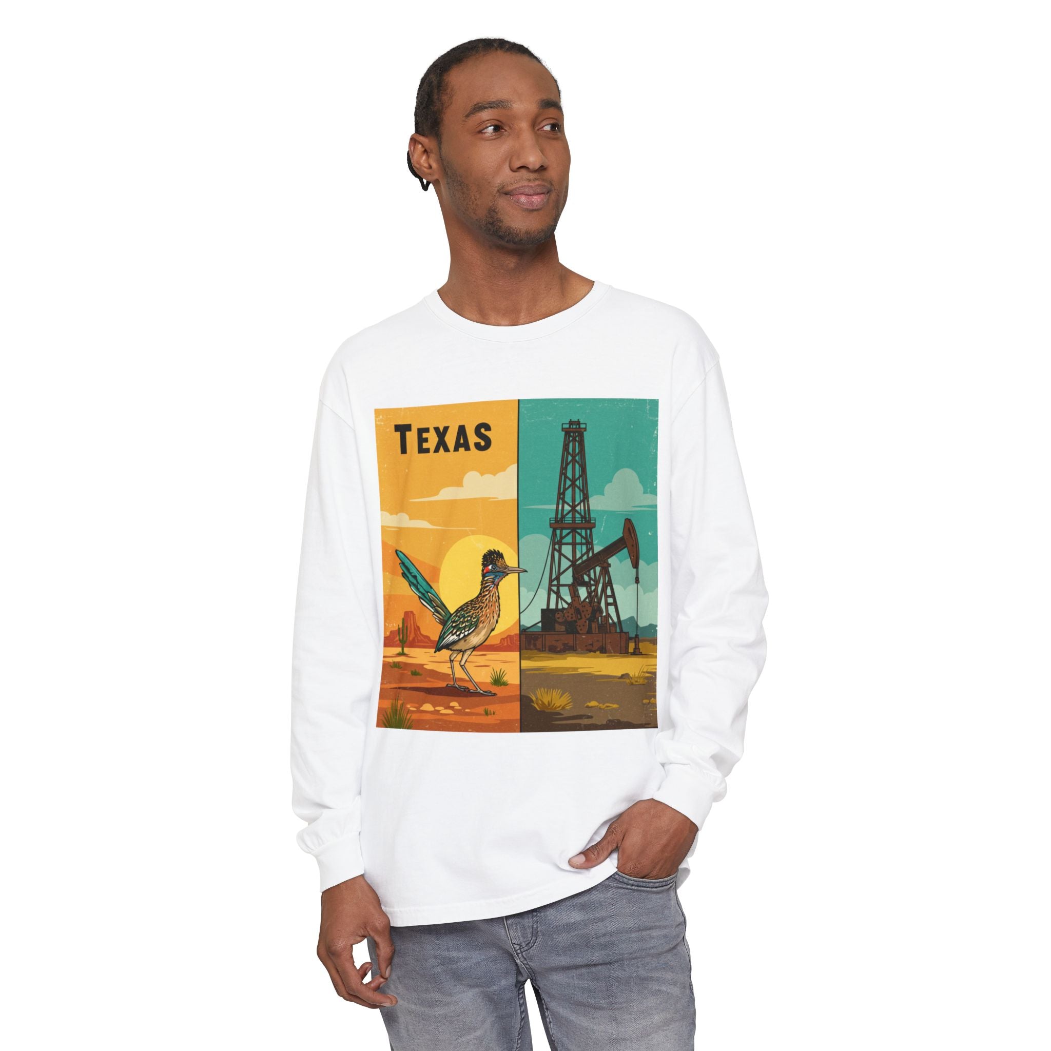 Texas Vintage Long Sleeve T-Shirt - Unisex Retro Bird & Oil Well Design