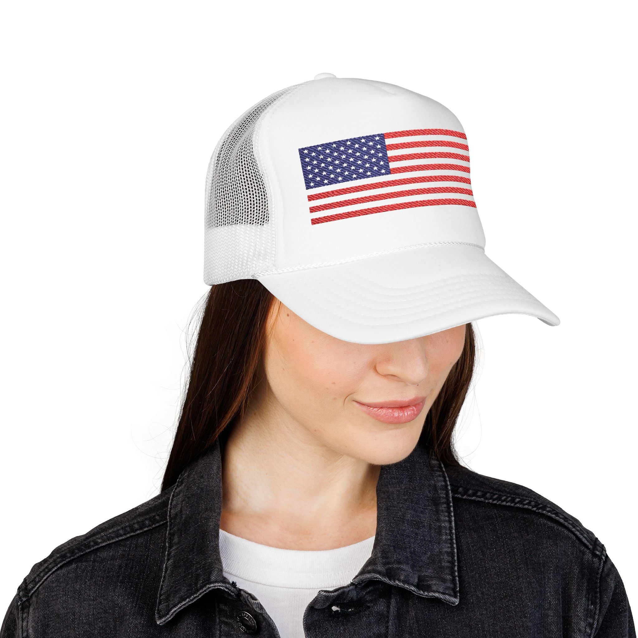 Patriotic Foam Trucker Hat, USA Flag Baseball Cap, Embroidered Red Hat.