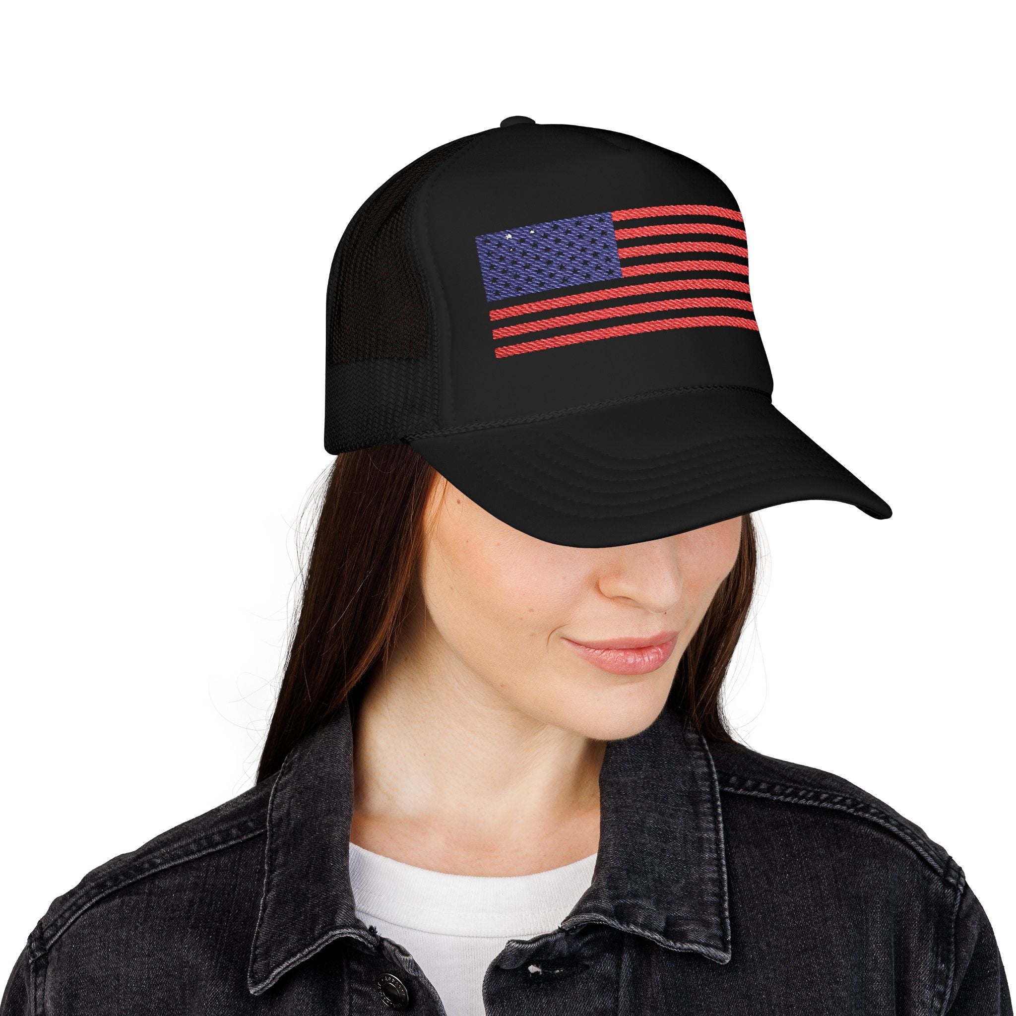 Patriotic Foam Trucker Hat, USA Flag Baseball Cap, Embroidered Red Hat.