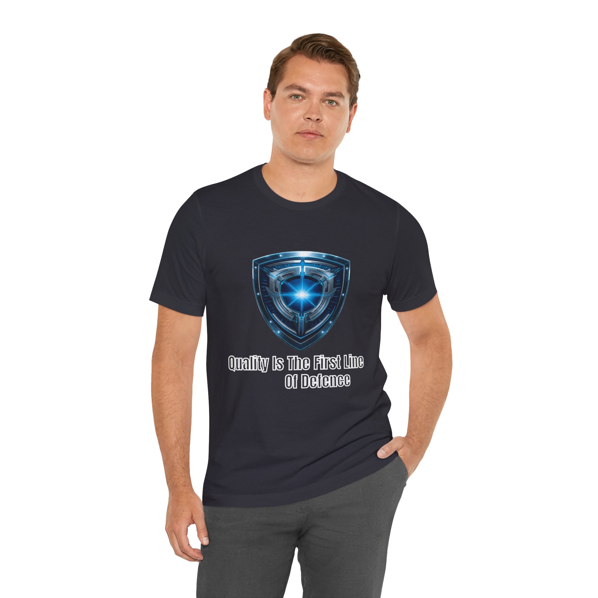 Shield Logo Tee — "Quality Is The First Line Of Defence" Security T‑Shirt