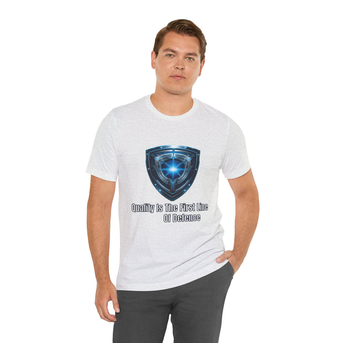 Shield Graphic Tee — "Quality Is The First Line of Defence" Protection T-Shirt