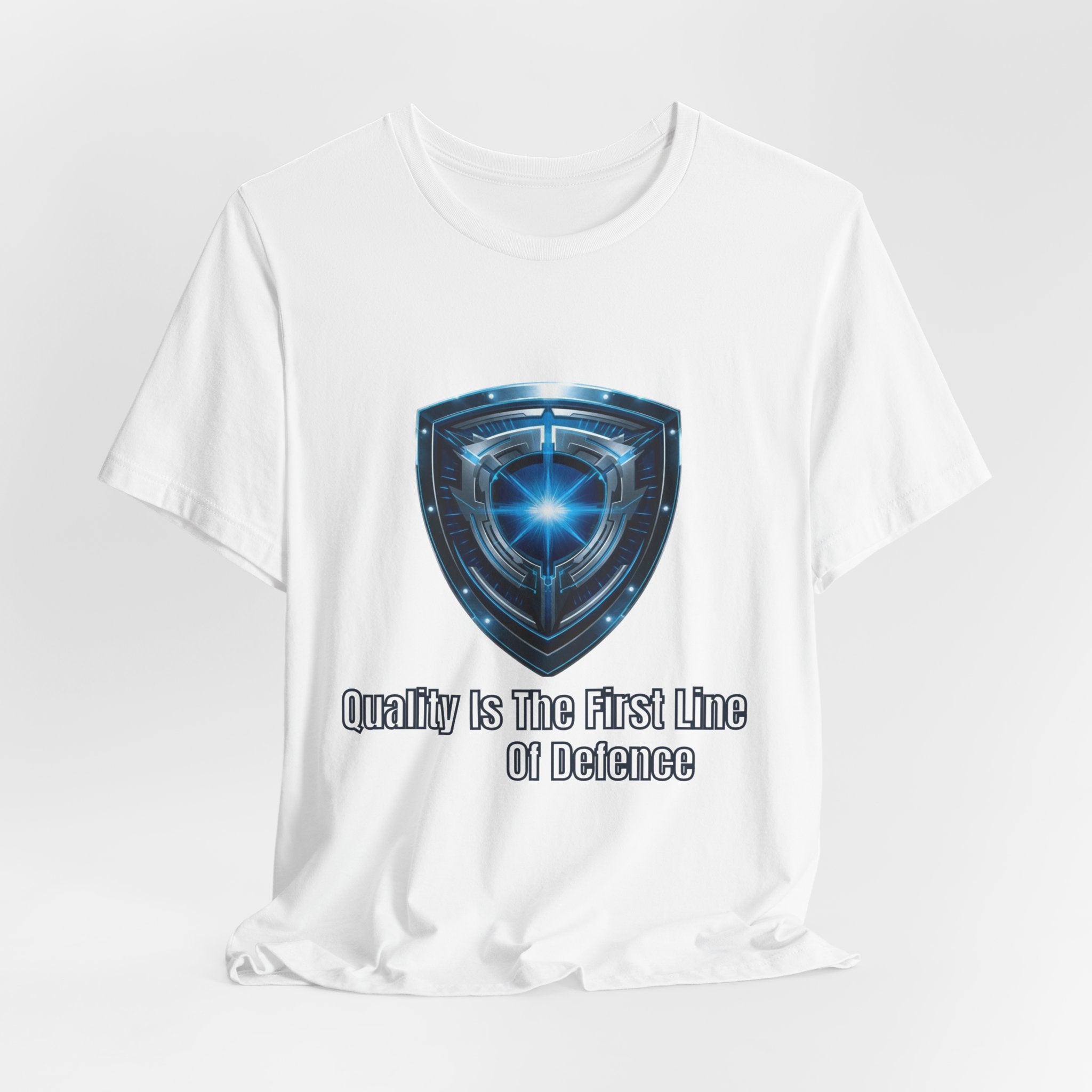 Shield Graphic Tee — "Quality Is The First Line of Defence" Protection T-Shirt