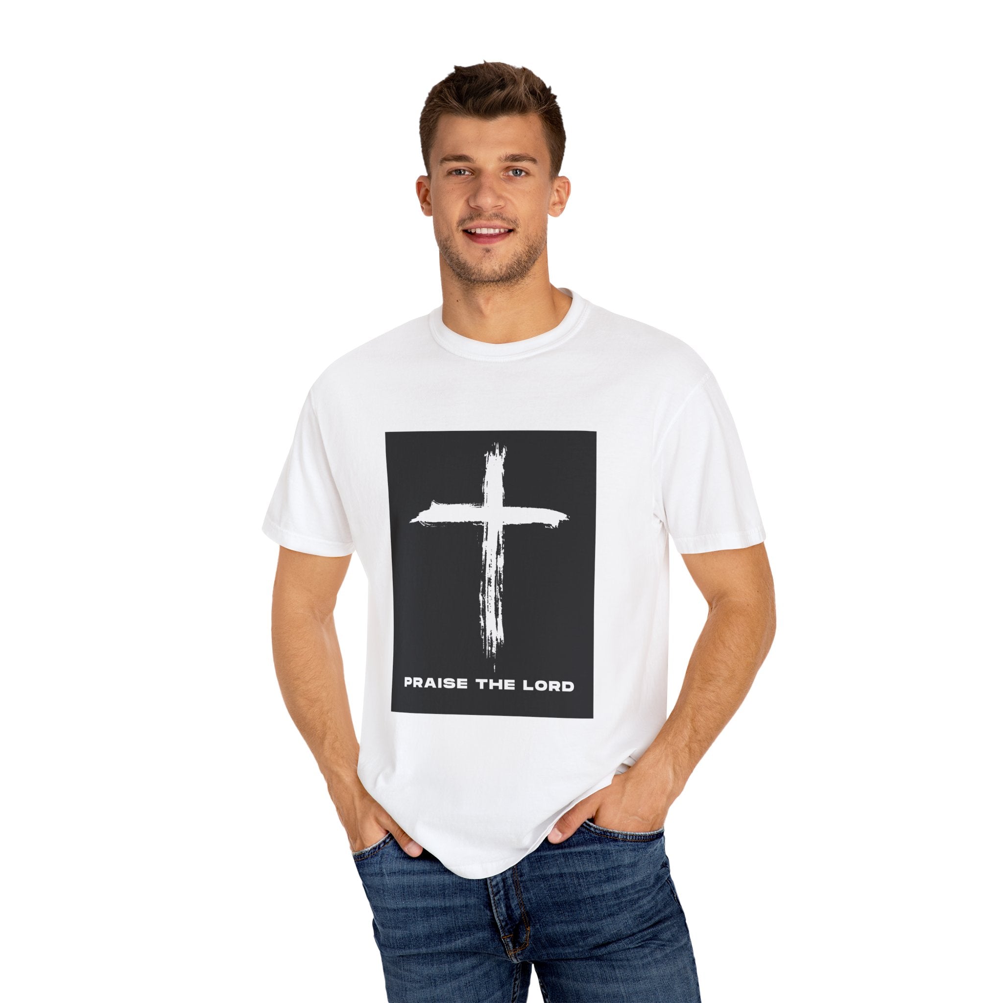 Unisex Garment-Dyed T-shirt with Inspirational Cross Design - Praise The Lord
