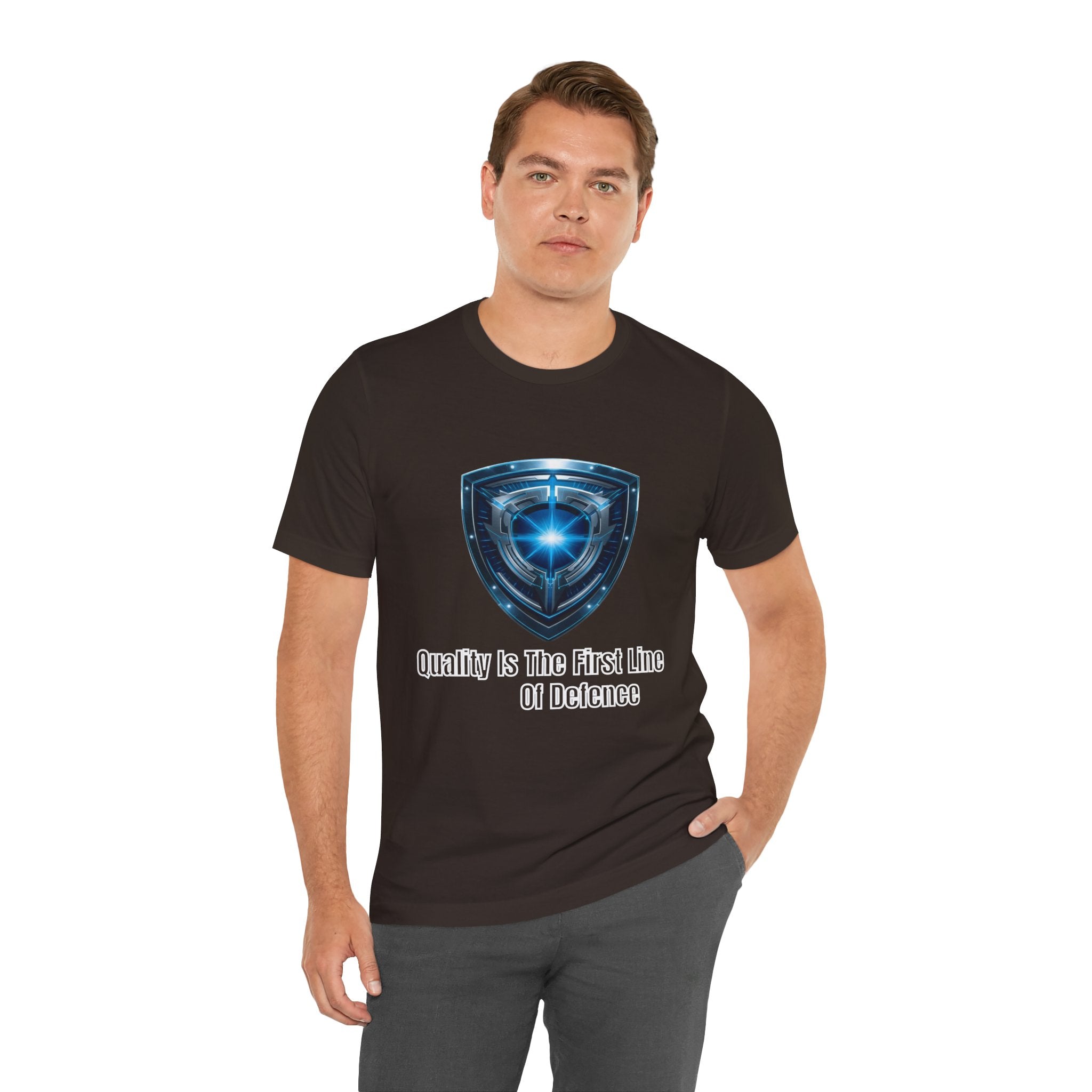 Shield Logo Tee — "Quality Is The First Line Of Defence" Security T‑Shirt