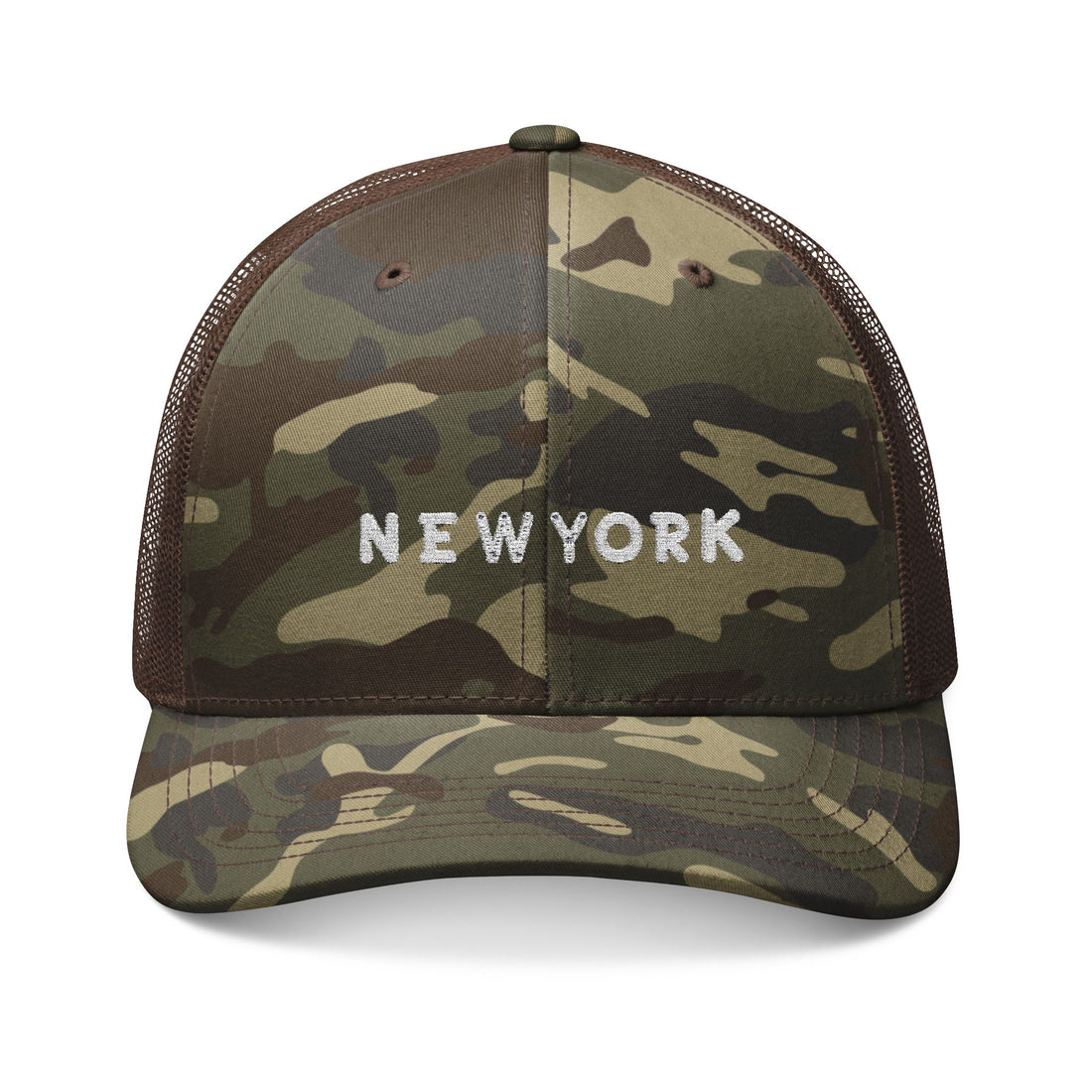 Camouflage Trucker Hat with New York Embroidery, Outdoor Cap for Hiking, Stylish Dad Hat, Adjustable Mesh Snapback, Gift for Him