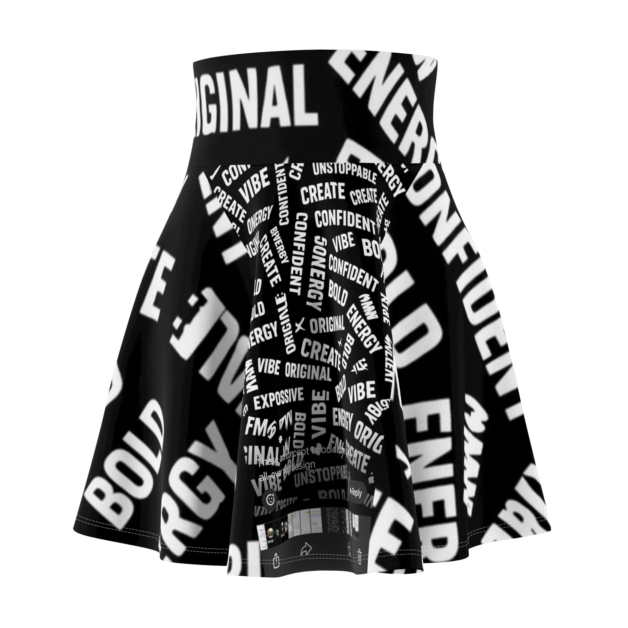 Bold Word Cloud Skater Skirt — Black & White Positive Vibe AOP