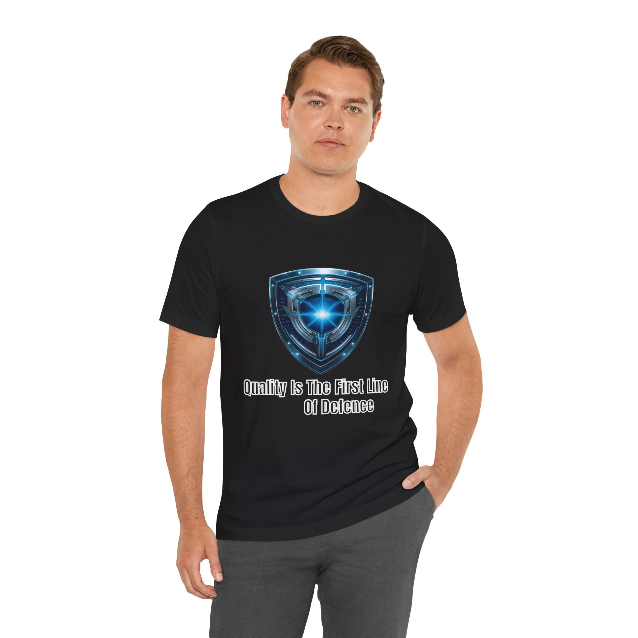 Shield Logo Tee — "Quality Is The First Line Of Defence" Security T‑Shirt