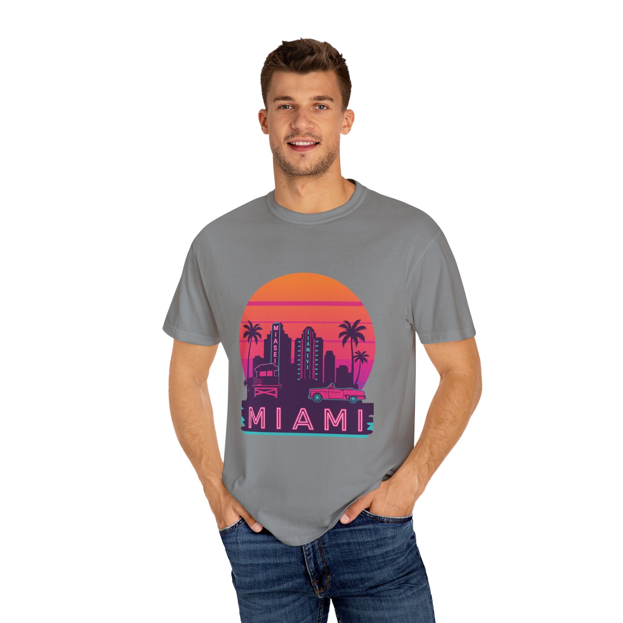 Miami Sunset Unisex T-shirt, Beachwear, Vacation Shirt, Summer Outfit, Travel Gift, Casual Streetwear