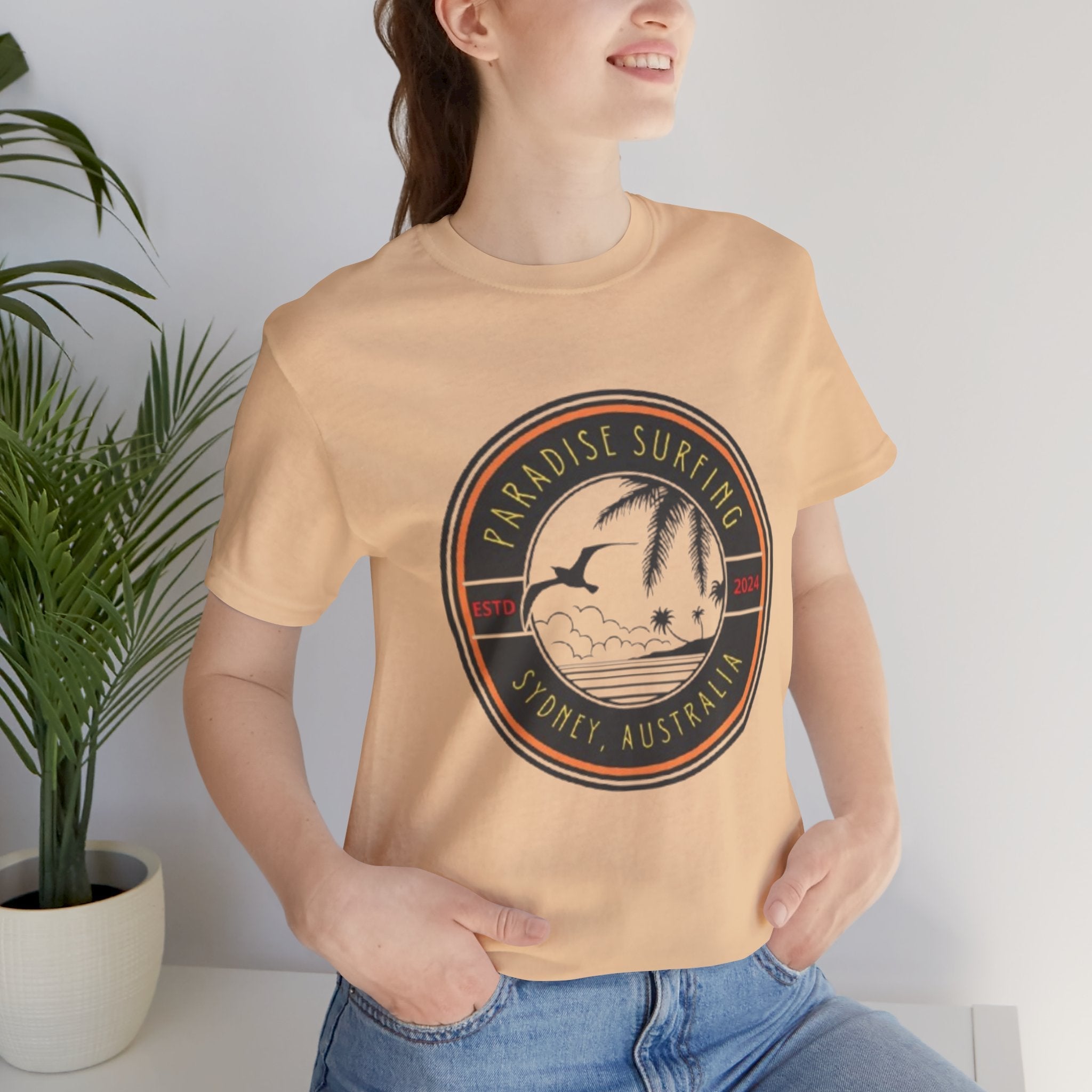 Unisex Graphic Tee - Paradise Surfing Printed Tee - Eco Jersey Shirt .