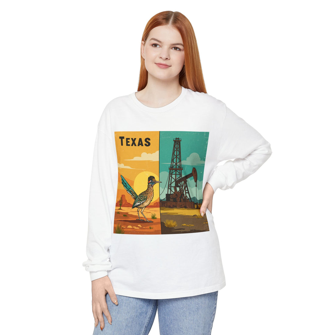 Texas Vintage Long Sleeve T-Shirt - Unisex Retro Bird & Oil Well Design