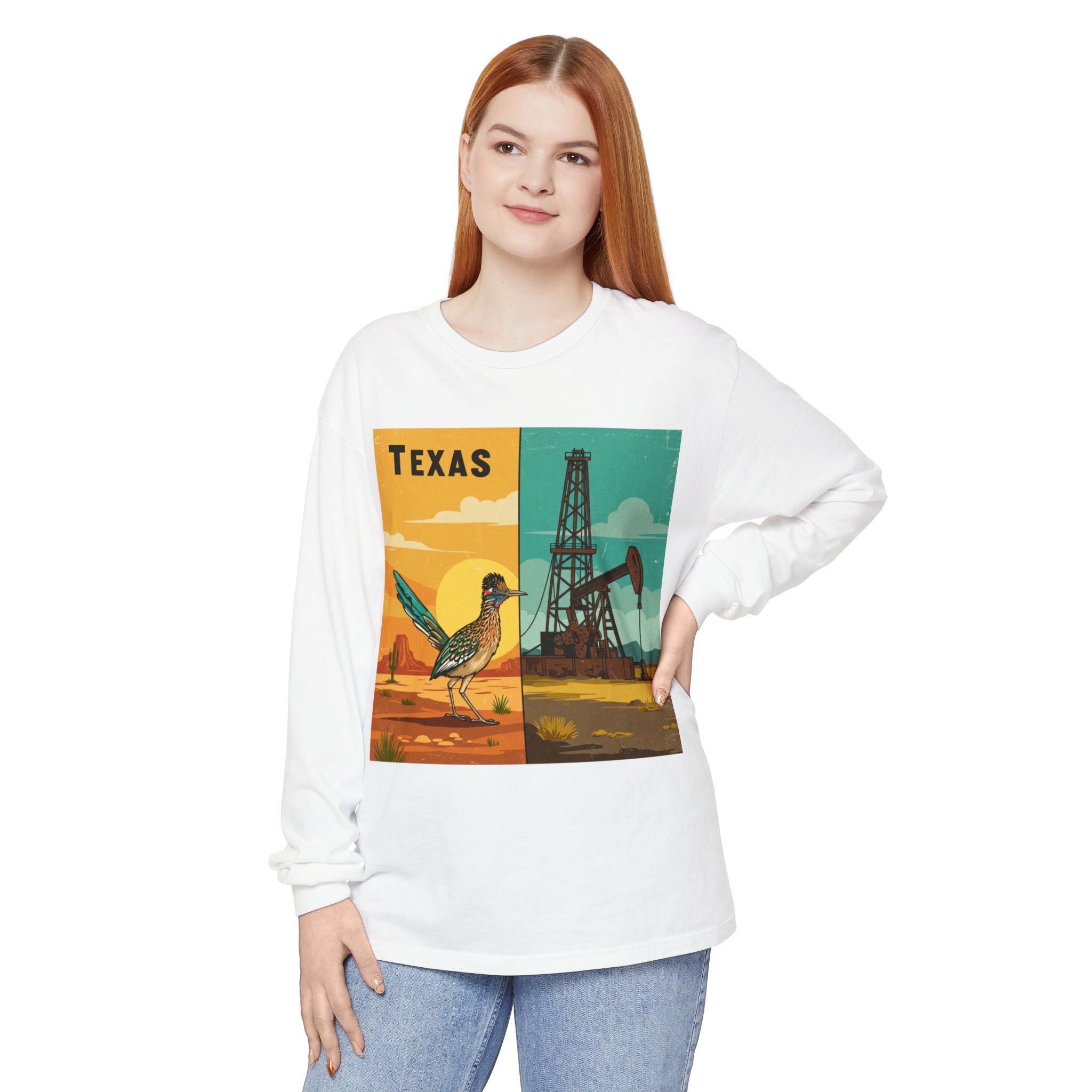 Texas Vintage Long Sleeve T-Shirt - Unisex Retro Bird & Oil Well Design