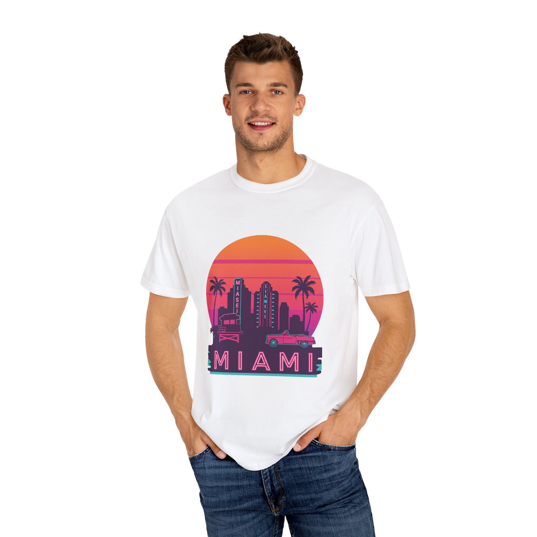 Miami Sunset Unisex T-shirt, Beachwear, Vacation Shirt, Summer Outfit, Travel Gift, Casual Streetwear