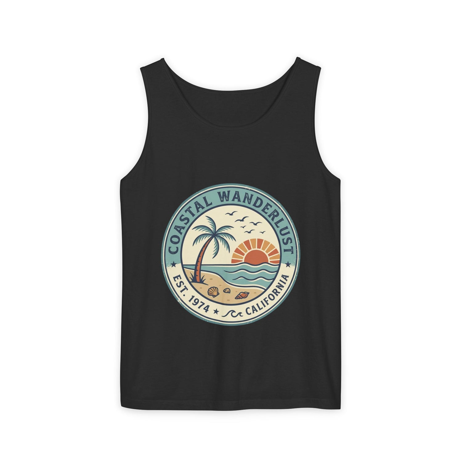 Coastal Wanderlust Tank Top — Retro Palm Beach Sunrise Graphic