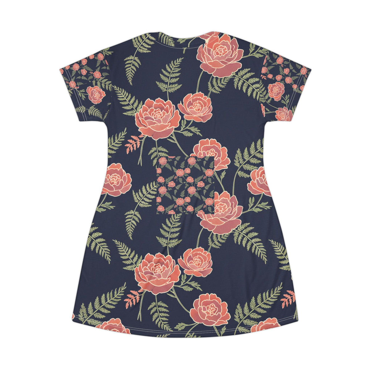 Navy Coral Rose A-Line T-Shirt Dress — All-Over Floral Print