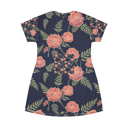 Navy Coral Rose A-Line T-Shirt Dress — All-Over Floral Print