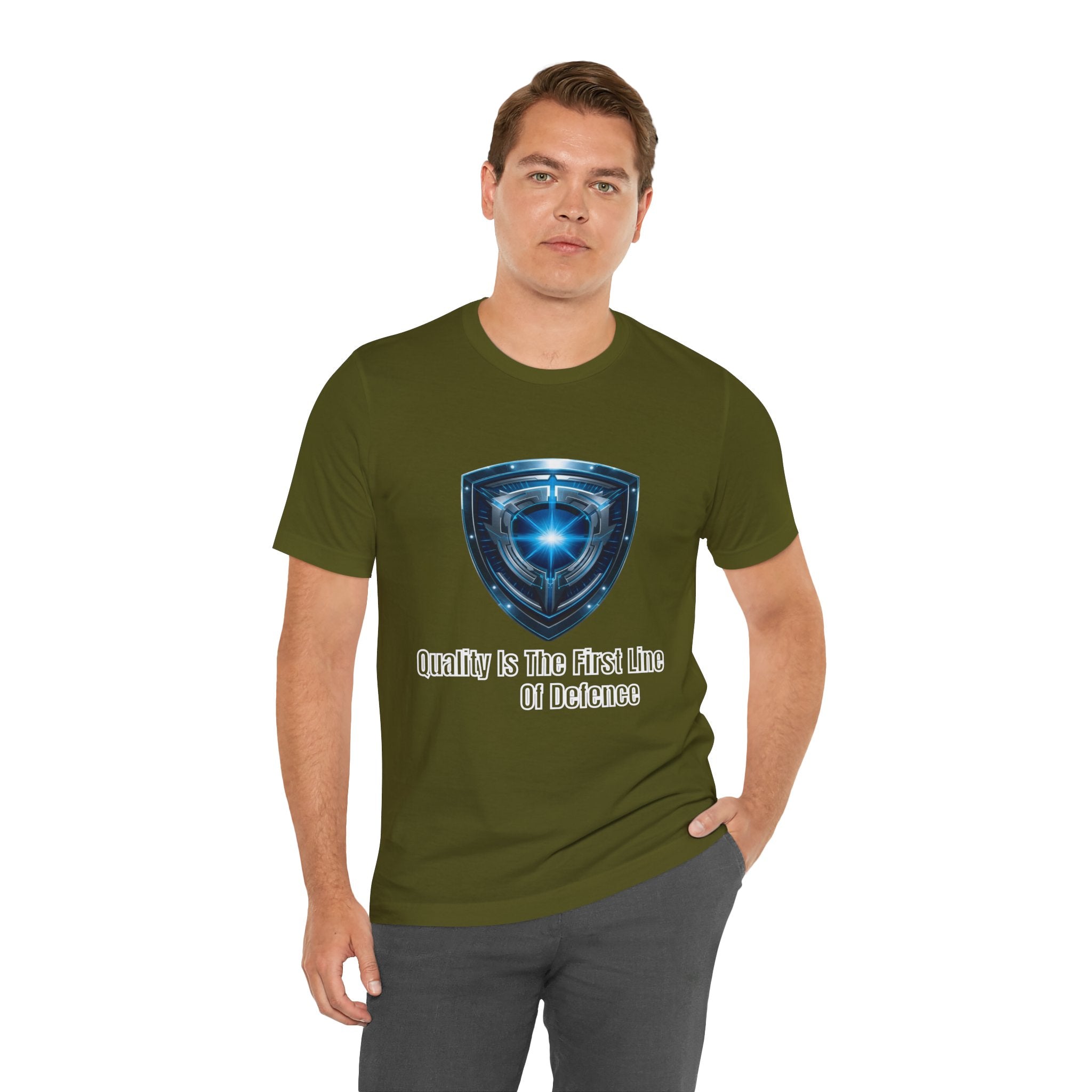Shield Logo Tee — "Quality Is The First Line Of Defence" Security T‑Shirt