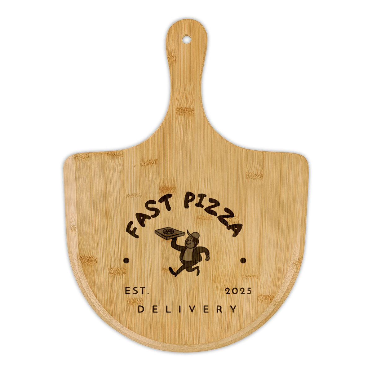 Bamboo Pizza Peel — Engraved "Fast Pizza Delivery" Serving Board (Est. 2025)