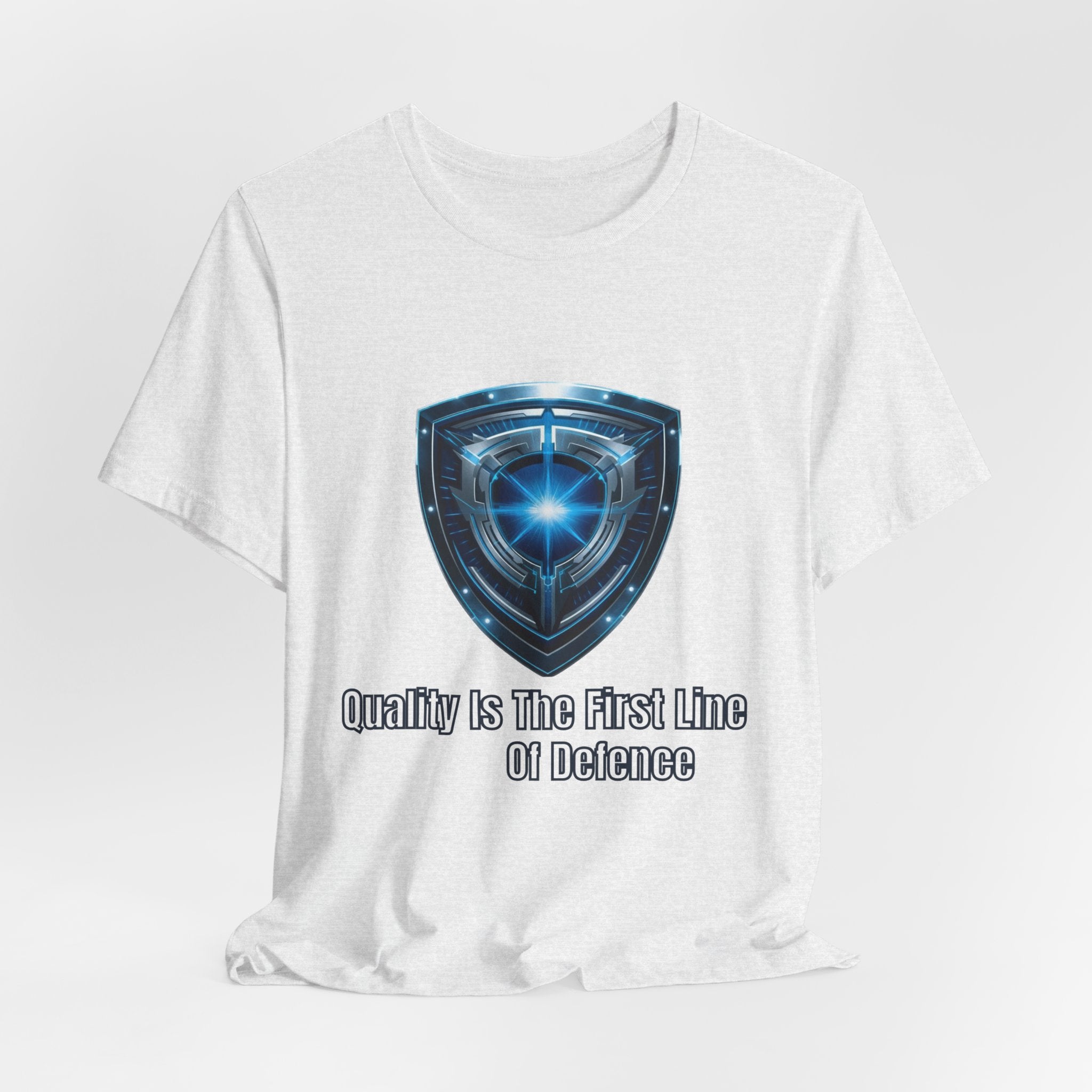 Shield Graphic Tee — "Quality Is The First Line of Defence" Protection T-Shirt